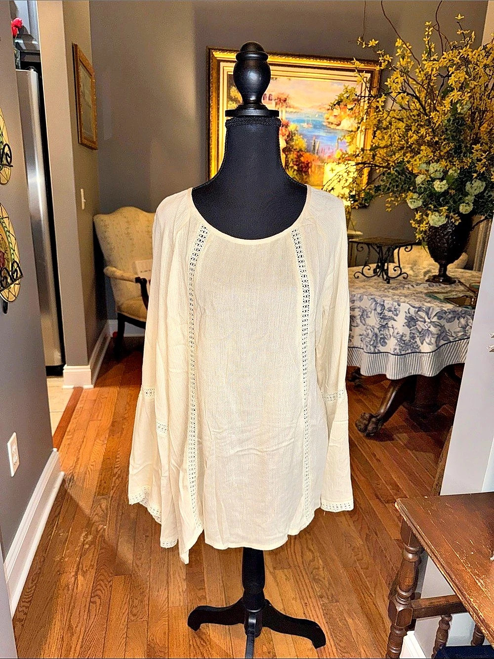LoveRiche Crochet Trim Cream Tunic Size Large NWOT